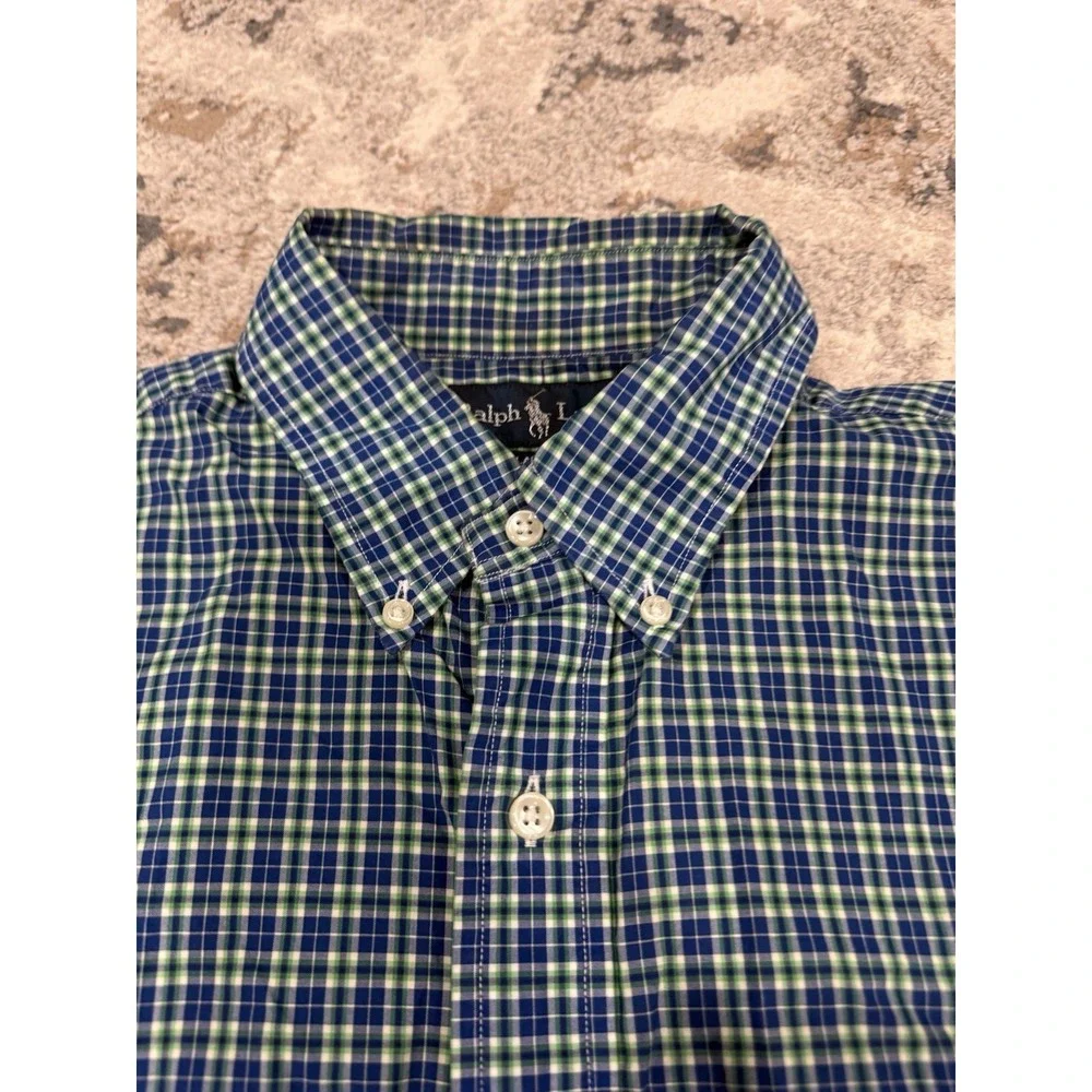 Ralph Lauren Polo Shirt Mens Medium Classic Fit Pony Long Sleeve Green BluePlaid